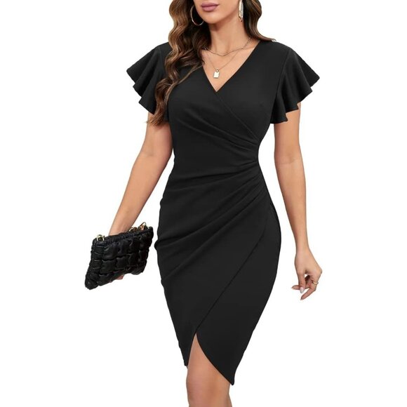 Women's V Neck Ruffle Sleeve Faux Wrap Bodycon Dress for Cocktail Work